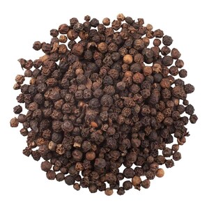 May include: A pile of whole black peppercorns, dark brown in color, against a white background. The peppercorns are small, round, and have a textured surface. This image is suitable for culinary and spice-related themes.