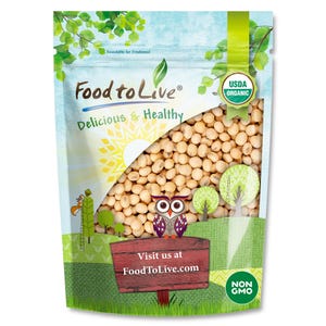 May include: A clear bag of USDA Organic soybeans from Food to Live. The bag features a cartoon owl, trees, and the text "Delicious & Healthy." The bag is sealed and labeled "Non GMO."