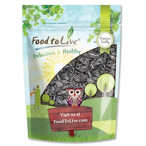 May include: A bag of Food to Live sunflower seeds. The packaging features a cartoon owl, trees, and a sign that says "Visit us at FoodToLive.com". The bag is filled with black and white sunflower seeds.