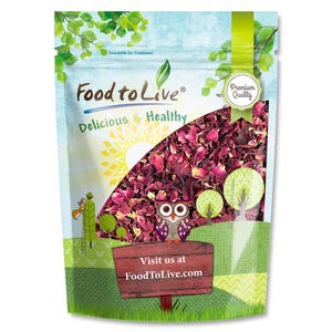 May include: A resealable bag of dried rose petals. The bag features the text "Food to Live" and "Delicious & Healthy". A cartoon owl sits on a wooden sign that reads "Visit us at FoodToLive.com". The bag has a green and blue background.