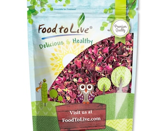 May include: A resealable bag of dried rose petals. The bag features the text "Food to Live" and "Delicious & Healthy". A cartoon owl sits on a wooden sign that reads "Visit us at FoodToLive.com". The bag has a green and blue background.