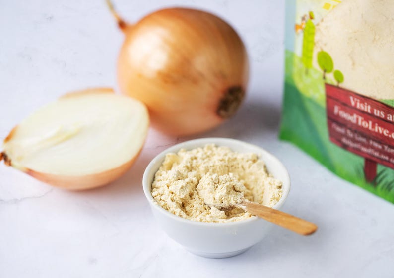 Cebolla en polvo – Cebollas secas finamente molidas, puras, veganas, a granel. Rico sabor a cebolla. Alto contenido en vitamina C y fibra dietética. imagen 5