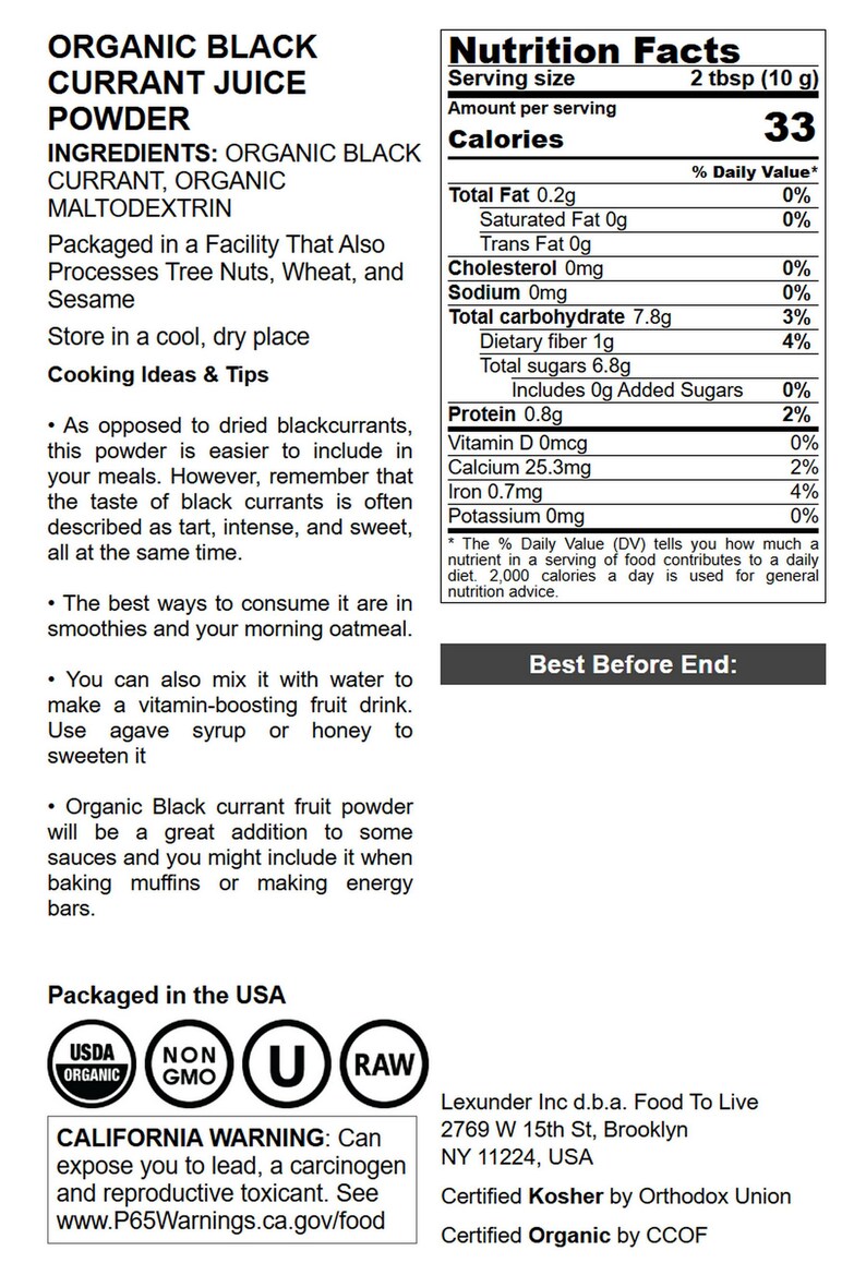 Organic Black Currant Juice Powder — Non-GMO, Raw, Kosher, Vegan Superfood, Bulk, Rich in Antioxidants image 4