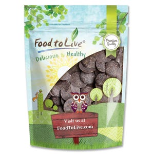 May include: A resealable bag of dark chocolate chips, labeled "Food to Live" with the tagline "Delicious & Healthy". The bag features a cartoon owl and a sign that says "Visit us at FoodToLive.com".