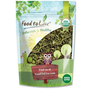 May include: A bag of dried herbs from Food to Live, labeled USDA Organic and Non-GMO. The packaging features a cartoon owl, trees, and the text "Delicious & Healthy". The bag is filled with green herbs.
