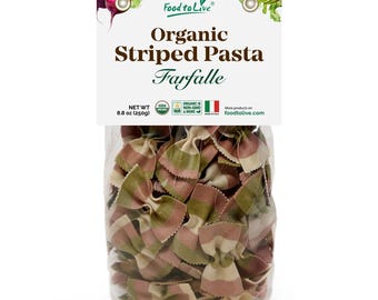 Organic Striped Farfalle Pasta – Italian Artisan Tri-Color Bow-Tie Pasta. Non-GMO, Vegan, Made with Semolina, Beet and Spinach.