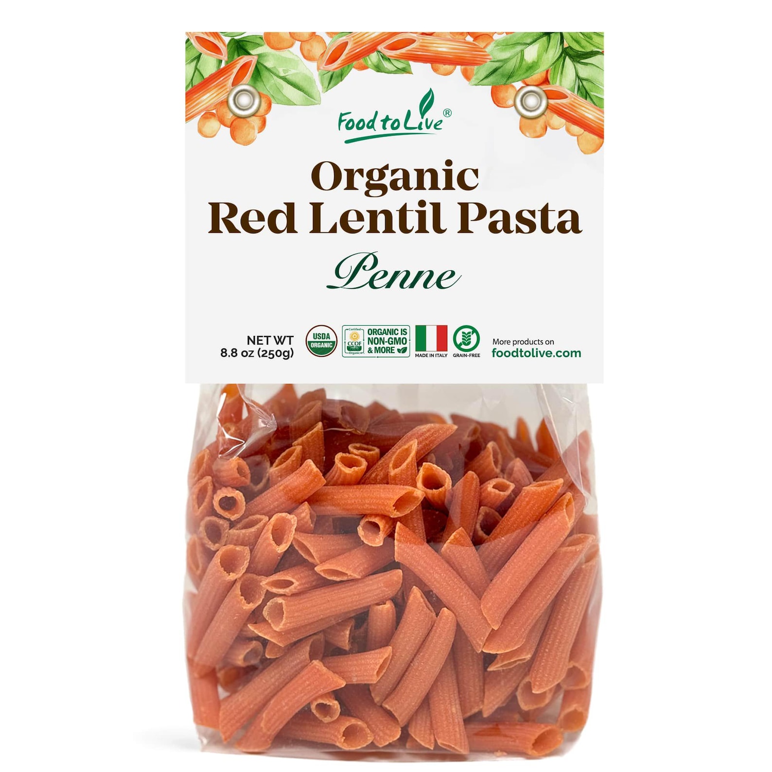 Organic Red Lentil Penne Pasta 88 OZ  NonGMO Single Ingredient Vegan Made in Italy