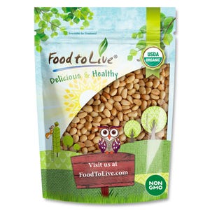 May include: A bag of Food to Live USDA Organic pine nuts. The bag has a blue and green design with the words "Delicious & Healthy". An owl illustration is on a wooden sign that says "Visit us at FoodToLive.com".