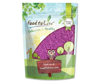May include: A sealed bag of Food to Live brand product, filled with a vibrant purple substance. The bag features the text "Delicious & Healthy" and "Premium Quality." A cartoon owl and a sign that says "Visit us at FoodToLive.com" are also visible.