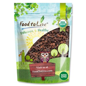 May include: A resealable bag of Food to Live USDA Organic cloves. The bag features a cartoon owl, trees, and the text "Delicious & Healthy." The bottom of the bag has the text "Visit us at FoodToLive.com" and "NON GMO."