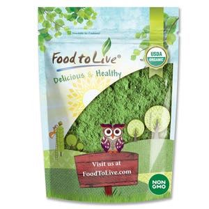 May include: A bag of green powder with the Food to Live logo, USDA Organic seal, and Non-GMO label. The bag features a cartoon owl, trees, and the text "Delicious & Healthy." The website address FoodToLive.com is also visible.