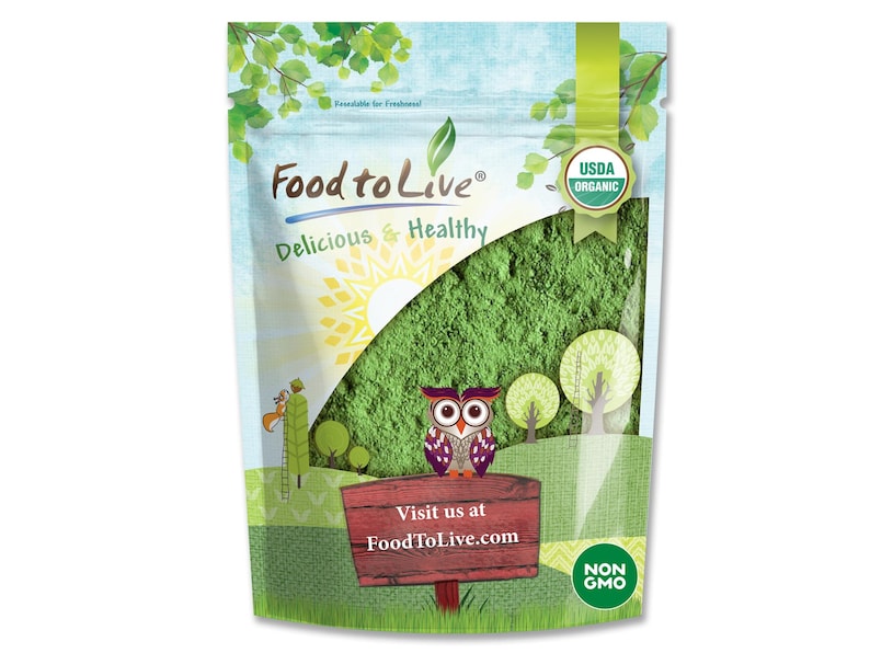 May include: A bag of green powder with the Food to Live logo, USDA Organic seal, and Non-GMO label. The bag features a cartoon owl, trees, and the text "Delicious & Healthy." The website address FoodToLive.com is also visible.
