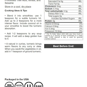 Organic Turmeric Powder — Rich in Curcumin, Non-GMO, Ground Turmeric Root, Raw, Kosher, Vegan, Sirtfood, Bulk image 6