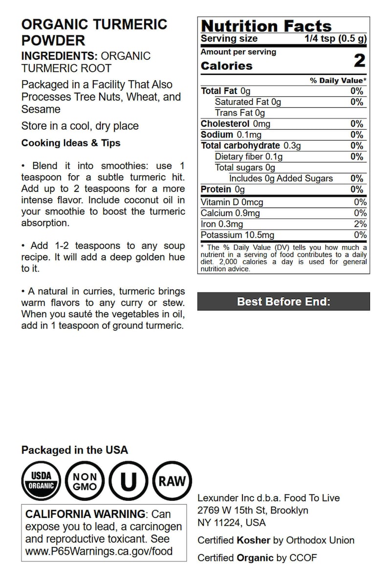 Organic Turmeric Powder — Rich in Curcumin, Non-GMO, Ground Turmeric Root, Raw, Kosher, Vegan, Sirtfood, Bulk image 6