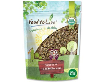 May include: A clear bag of dried herbs labeled "Food to Live." The bag features a colorful illustration of an owl, trees, and a sign that reads "Visit us at FoodToLive.com." The bag is USDA Organic and Non-GMO.