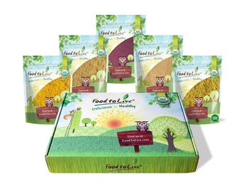 May include: A box set of Food to Live products, featuring several pouches of various grains and seeds. The packaging includes the text "Food to Live" and "Delicious & Healthy". Each pouch has an owl graphic and the website address.