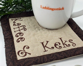 Mug Rug, KAFFEE & KEKS, MugRug in brown for coffee break, coaster