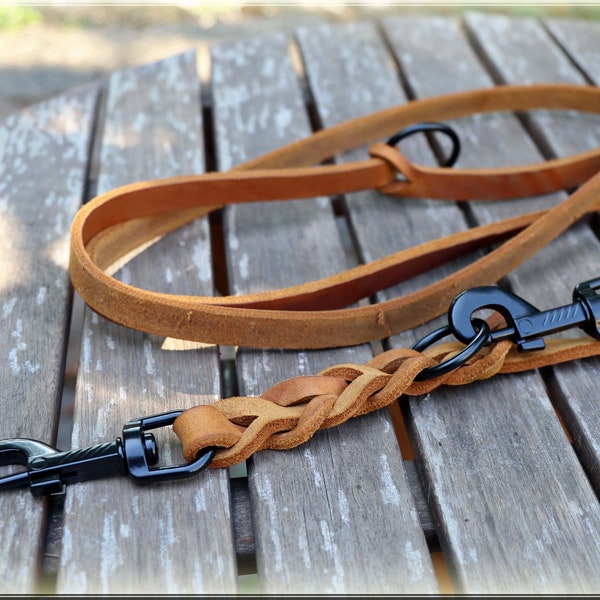 Leather leash with BLACK snap hooks 2 varieties in 10 colours, oiled leather dog leash braided