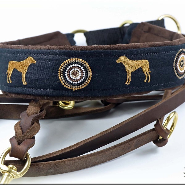 Dog collar "Rhodesian Ridgeback" embroidered with 2 standing dogs and ornaments, martingale