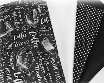 COFFEE - 4pcs fabric bundle in black white cotton, 70 x 50cm, for patchwork and decoration