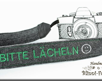 Camera strap BITTE LÄCHELN for DSLR, camerastrap embroidered