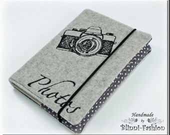 Photo album with embroidered camera, for 24 pictures, light grey