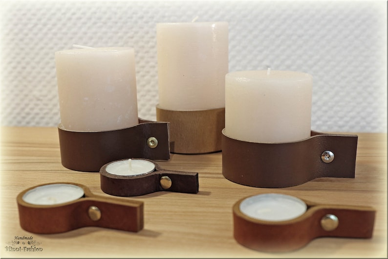 Candelabro para luces de té fabricado en piel grasa en 9 colores, 3 piezas incl. tealight, industrial minimalista imagen 5