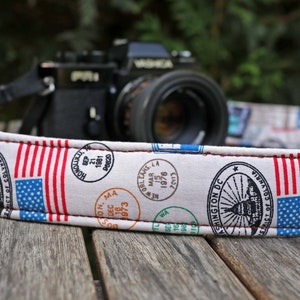 Camera strap, GLOBETROTTER camerastrap, vintage USA Flag for DSLR or system camera image 1