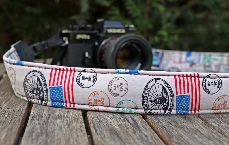 Camera strap, GLOBETROTTER camerastrap, vintage USA Flag for DSLR or system camera image 1