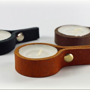 Candle holder for tealights made of oiled leather in 9 colours, 3 pieces incl. tealight, minimalistic industrial