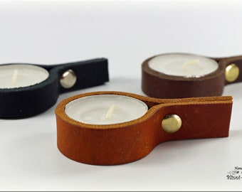 Candle holder for tealights made of oiled leather in 9 colours, 3 pieces incl. tealight, minimalistic industrial