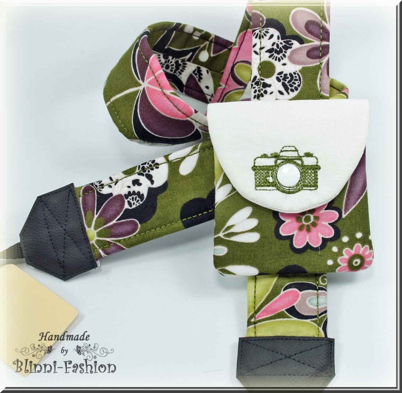 Camera strap olive flowers camerastrap for DSLR or system camera