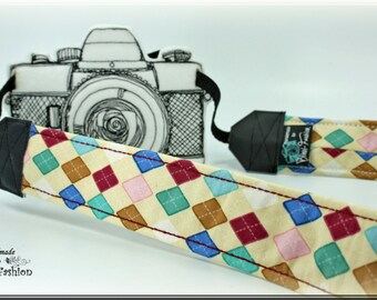 Correa de la cámara con patrón Argyl, cinta de la cámara con diamantes de colores Envío gratuito