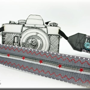 Camera strap Grey red with stars for DSLR or system camera