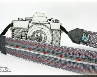 Camera strap Grey red with stars for DSLR or system camera