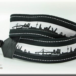 カメラストラップ HAMBURG、SKYLINE さまざまな都市が描かれた布製カメラストラップ