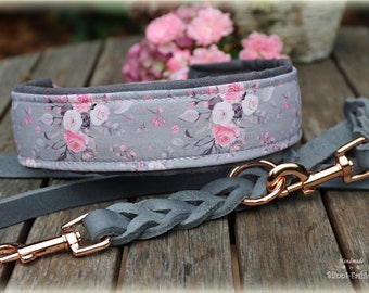 romantic collar with roses and leather leash in a set, martingale collar for dogs, dog collar rosegold