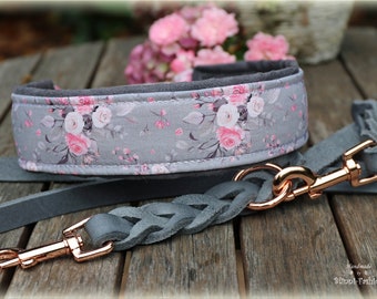 SET romantique: collier avec roses et laisse en cuir, collier pull stop pour chiens, collier chien rose gold