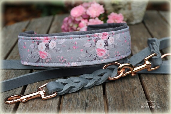 romantisches SET: Halsband mit Rosen und Lederleine, Zugstopp Halsung für Hunde, Hundehalsband rosegold