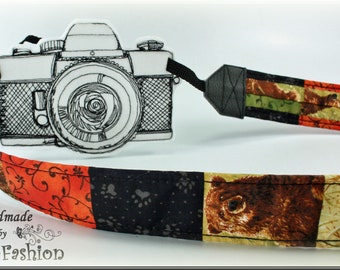 Kameragurt BÄR im Patchwork Design aus Stoff, Kameraband für DSLR