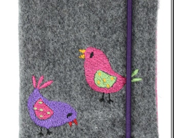 Birdie - small notebook, diary, grey, embroidered sketchbook