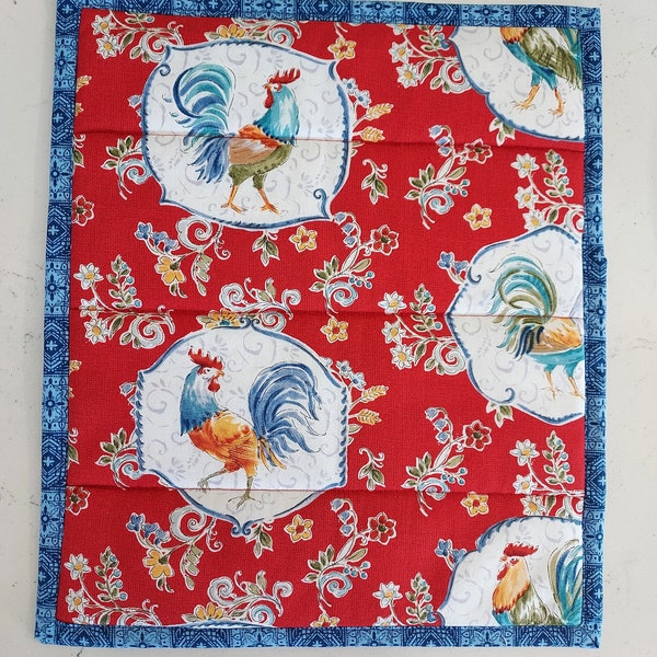 Rooster Theme Casserole Pot Holder, French Country Kitchen, Rooster Theme Table Mats, Red Floral Hot Pads, Large Trivets, French Roosters