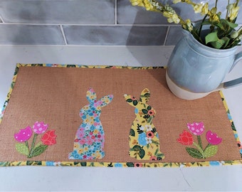 Easter Table Topper - Easter/Spring Decor - Floral Bunnies - Pretty Easter Table Mat - Burlap and Floral Decor - Easter Bunnies - Tulips