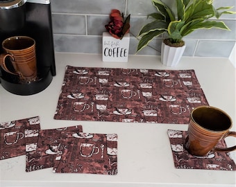 Coffee Bar Mat and Coaster Set: Handmade Cotton Flannel