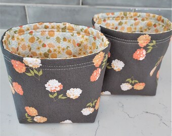 Cute Little Fabric Bin Sets - Peach Florals - Pretty Storage Bins - Small Organizers - Gray and Peach Storage Bins - Handmade