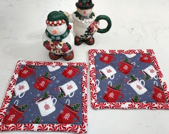 Christmas Pot Holder Set of Two, Christmas Kitchen Decor, Hot Cocoa Mugs, Peppermint and Christmas Cookies, Handmade Christmas