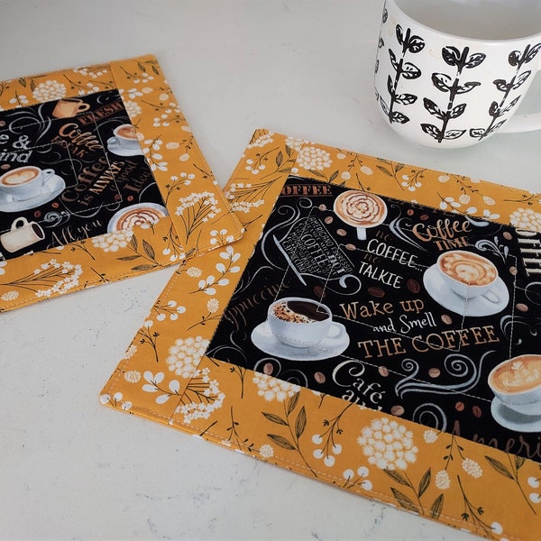 Set of Two Coffee Theme Mug Rugs - Coffee Snack Mats - Large Coffee Coasters - Small Coffee Theme Place - Coffee Counter Mats mats -