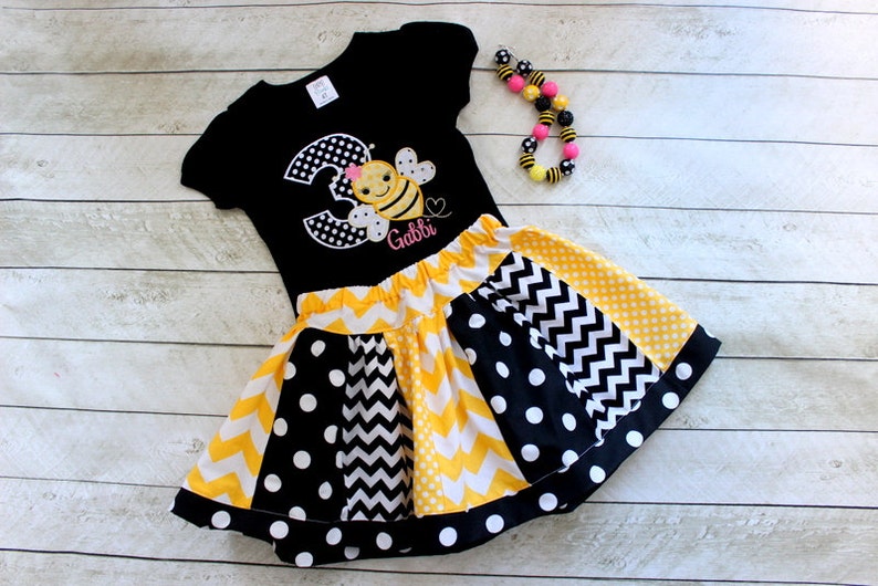 bee birthday outfit bumblebee skirt set yellow black and pink bee shirt with matching chevron skirt set girls outfit chevron skirt bee girls