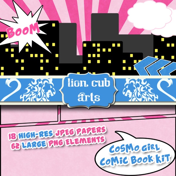 Cosmo Girl Comic Book Super Hero Digital Scrapbook Pink Blue Manga - 18 12x12 inch papers - 62 Lg PNG Elements Planner Stickers Clipart