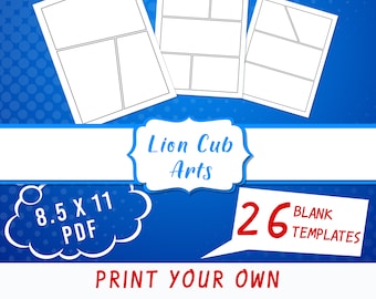 May include: A set of 26 blank comic book page templates in PDF format. The templates are 8.5 inches by 11 inches and feature different panel layouts. The templates are designed for printing your own comic books.